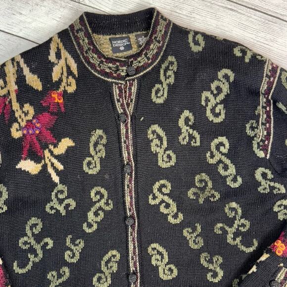 Vintage Nordic Design Wool Blend Ornate Design Cardigan Sweater Brown Medium - Picture 7 of 8